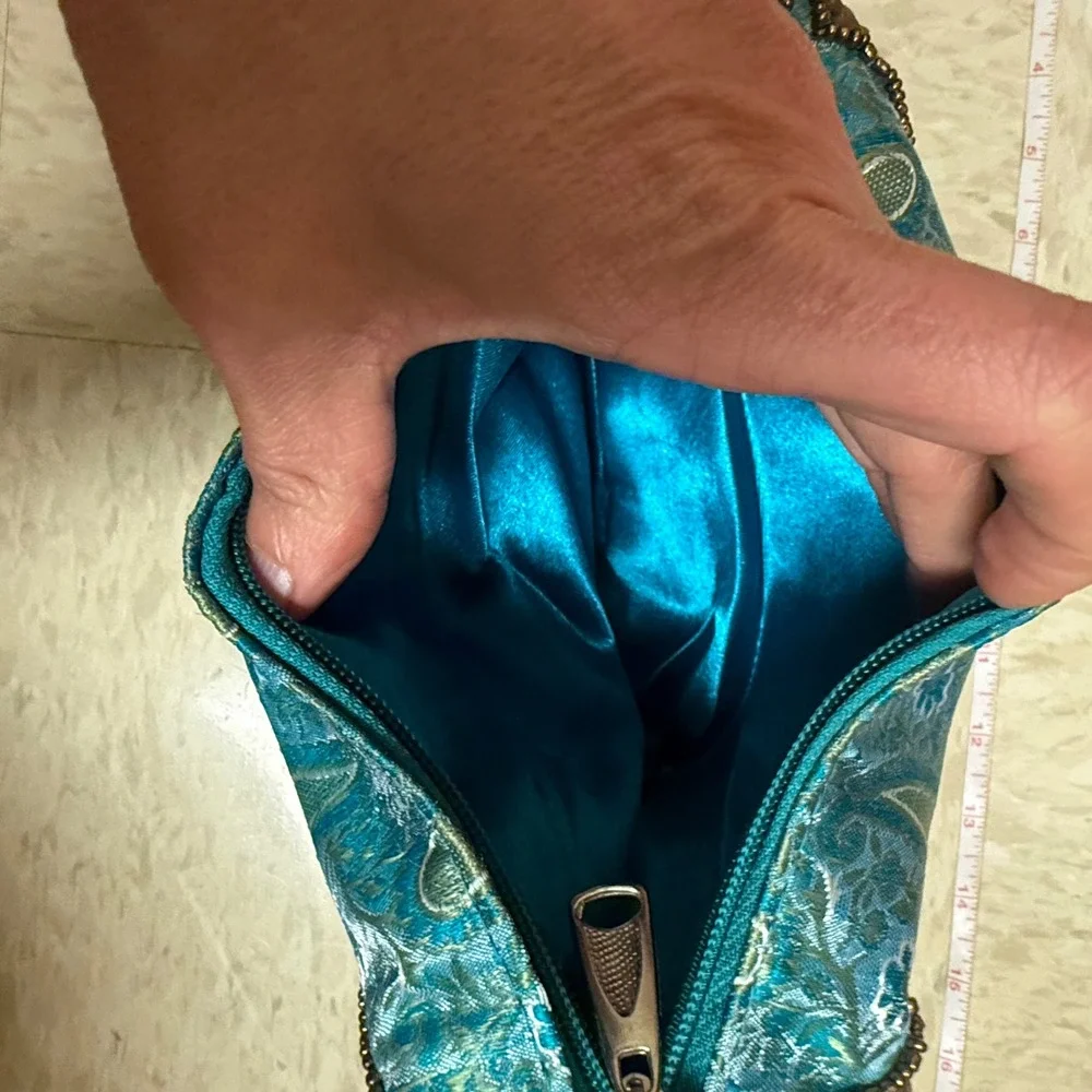 Turquoise Teal Paisley Brocade Wristlet Clutch Sequin Evening Bag Fortune Cookie